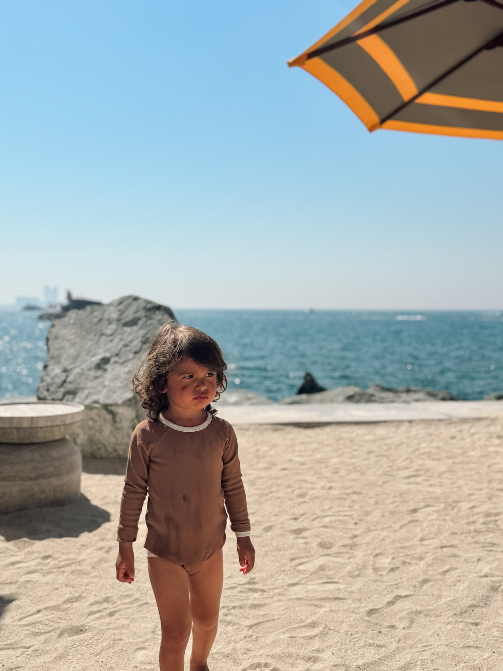 Ribbed Long-Sleeve Swimsuit Girls - Cocoa Creme